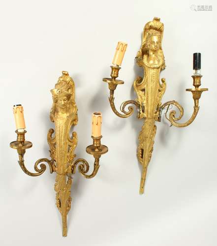 A GOOD PAIR OF LOUIS XVITH DESIGN ORMOLU TWO BRANCH WALL LIGHTS with female caryatid figures and