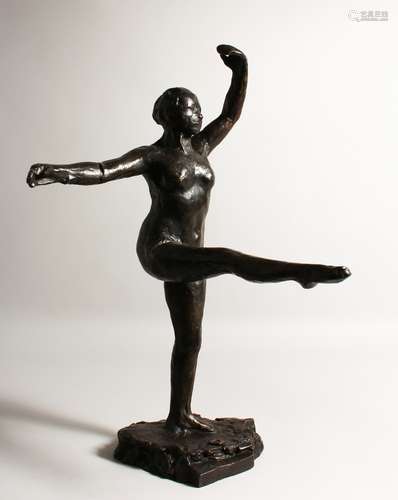 AFTER EDGAR DEGAS (1934-1917) FRENCH. A LARGE BRONZE OF A DANCER in ballet pose. Signed Degas.