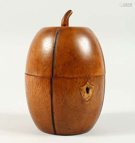 A GOOD MELON SHAPED WOODEN TEA CADDY. 16cms high.