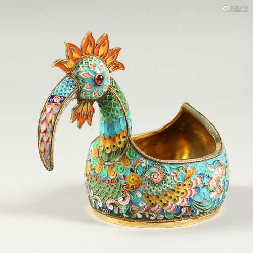 A RUSSIAN ENAMEL KOVSH AS A BIRD, dated 1893. 13cms long.