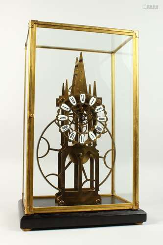 A GOOD BIG WHEEL SKELETON CLOCK in a glass case. 1ft 9ins high.