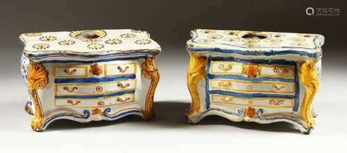 A PAIR OF 18TH CENTURY CONTINENTAL FAIENCETIN GLAZED FLOWER HOLDERS, in the form of three drawer