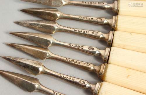 A SET OF EIGHT VICTORIAN BONE HANDLED LOBSTER PICKS. Sheffield 1870.