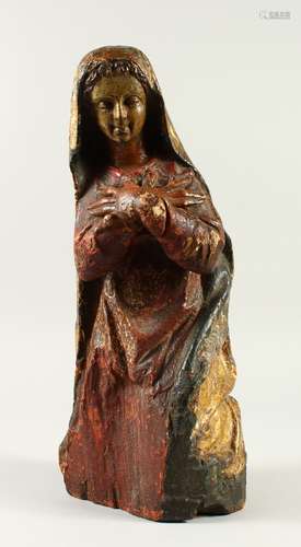 A 17TH - 18TH CENTURY ITALIAN CARVED, GILDED AND PAINTED MADONNA. 46cm high.