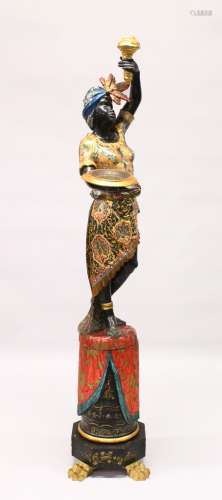 A GOOD LARGE FEMALE BLACKAMOOR STANDING FIGURE, late 19th Century, wearing a brightly painted and