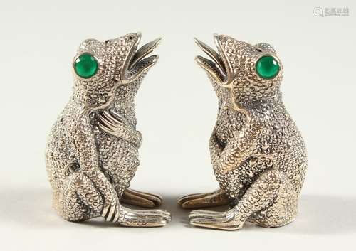 A GOOD PAIR OF SOLID SILVER NOVELTY FROG SALT AND PEPPERS. 5cms high.