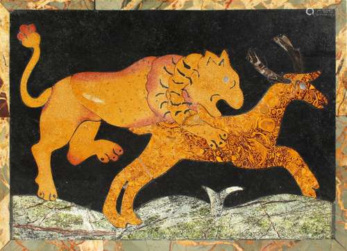 AN 18TH CENTURY ITALIAN MARBLE INLAID PLAQUE depicting a lion attacking a deer. 20cms x 28cms.