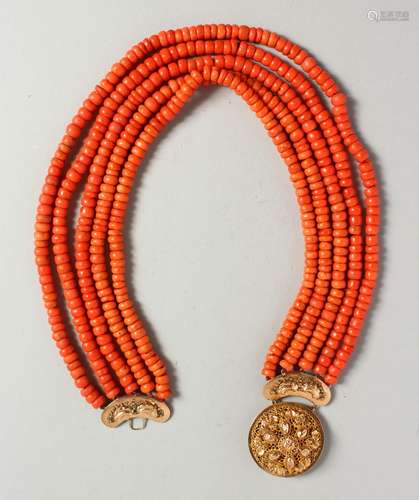 A SUPERB FIVE ROW CORAL NECKLACE with gold clasp. 195 grams.