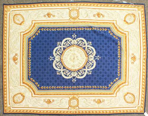 A GOOD 19TH CENTURY AUBUSSON CARPET with blue centre and motif. 12ft 5ins x 7ft 5ins