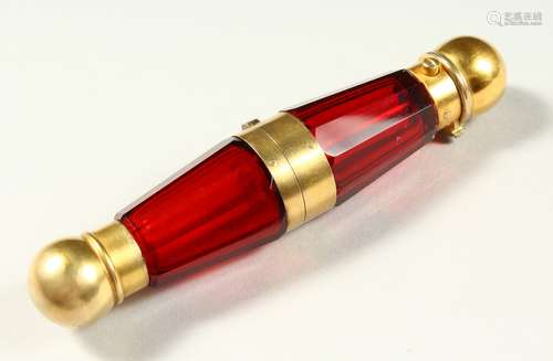 A VERY GOOD VICTORIAN SAMPSON & MORDAN FOLDING FACET CUT RUBY GLASS DOUBLE ENDED SCENT BOTTLE. 13.