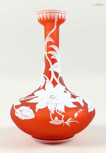 A SUPERB WEBB'S ORANGE PASSION FLOWER CAMEO BULBOUS VASE. 22cms high x 14.5cms diameter.