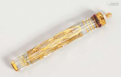 A LONG 19TH CENTURY GLASS GILDED AND ENAMELLED SCENT BOTTLE AND STOPPER. 12cms long.