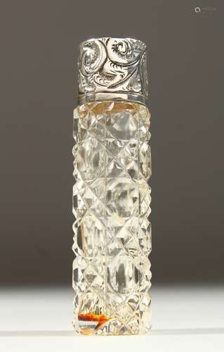 AN EDWARD VII CUT GLASS SCENT BOTTLE with engraved silver top, initialled R. Birmingham 1904. 8.5cms