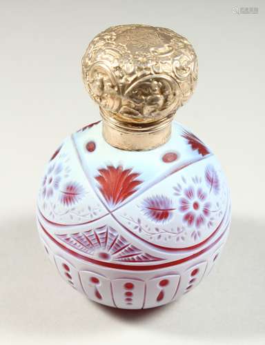 A SUPERB WEBB WHITE AND RED CAMEO PERFUME BOTTLE AND STOPPER. Signed WEBB 1898, with repousse silver