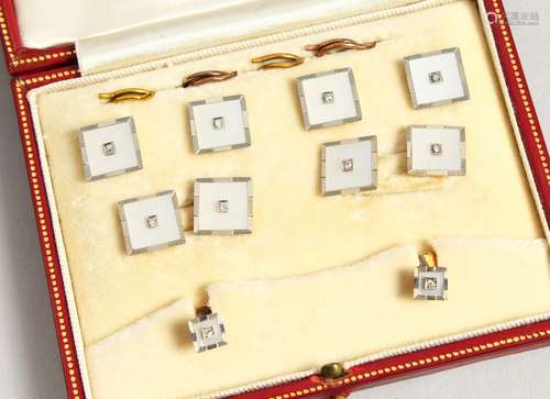 A SET OF 18CT WHITE GOLD, MOTHER-OF-PEARL AND DIAMOND CUFFLINKS AND STUDS from Harrods & Son, in a