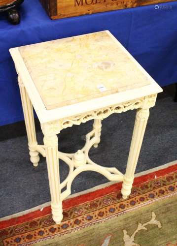 A PAIR OF GILTWOOD CREAM MARBLE TOP TABLES. 1ft 4ins wide.