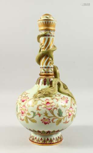 A TALL ANTON BULBOUS VASE. Dragon design painted with flowers. 15ins high.