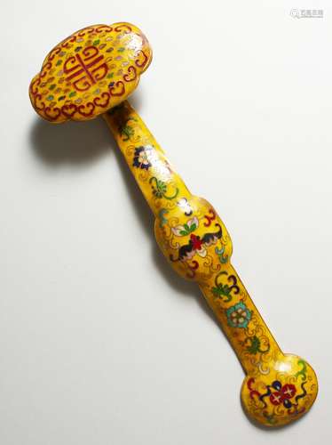 A LARGE CHINESE YELLOW GROUND SCEPTRE with cloisonne type decoration. 16ins long.