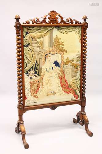 A VICTORIAN ROSEWOOD FRAMED FIRESCREEN, with woolwork panel depicting a young Queen Victoria. 130cms