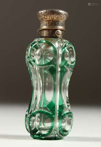 A GOOD VICTORIAN GREEN TINTED GLASS SCENT BOTTLE with engraved silver top. 9cms long.