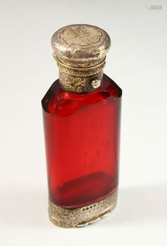 A VERY GOOD VICTORIAN PLAIN RUBY GLASS CORONATION SCENT BOTTLE AND VINAGRETTE. London 1881. Maker G.