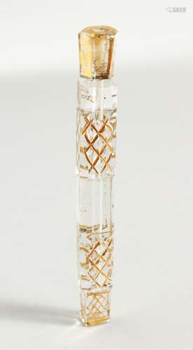 A LONG 19TH CENTURY GLASS GILDED AND ENAMELLED SCENT BOTTLE.11cms long.