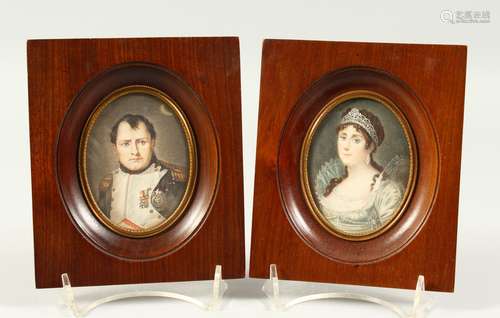 A PAIR OF EARLY 20TH CENTURY OVAL PORTRAIT MINIATURES, NAPOLEON AND JOSEPHINE, in wooden frames.