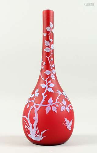 A GOOD WEBB'S CAMEO RED AND WHITE VASE with long neck, enamelled with a butterfly and almond