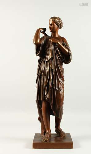 19TH CENTURY ITALIAN SCHOOL. A STANDING BRONZE OF A CLASSICAL LADY on a square base. 68cms high.