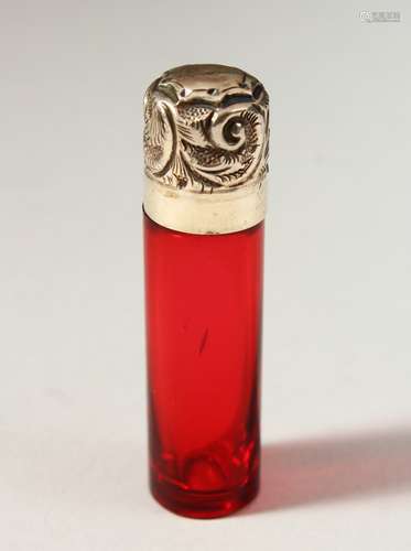 A VICTORIAN PLAIN GLASS SCENT BOTTLE with silver top. Birmingham 1896. Maker M. BROS. 6.5cms long