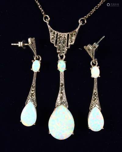 A SILVER, MARCASITE AND GILSON OPAL NECKLACE AND EARRINGS.