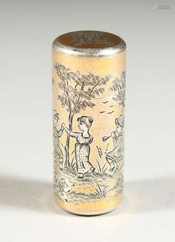 A SUPERB VICTORIAN SILVER AND SILVER GILT SCENT BOTTLE BY SAMPSON MORDAN & CO, engraved with a boy