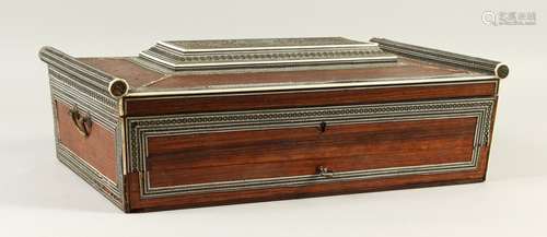 A GOOD 19TH CENTURY ANGLO INDIAN ROSEWOOD SEWING BOX, with bone inlay, the top opening to reveal a