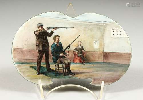 A LATE 19TH CENTURY CONTINENTAL SHIELD SHAPE ENAMEL PLAQUE, painted with figures at an indoor firing