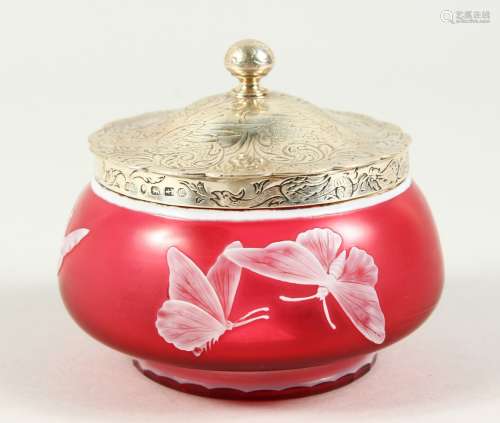 A SUPERB WEBB'S RED AND WHITE CAMEO CIRCULAR POT WITH SILVER TOP, the body decorated with