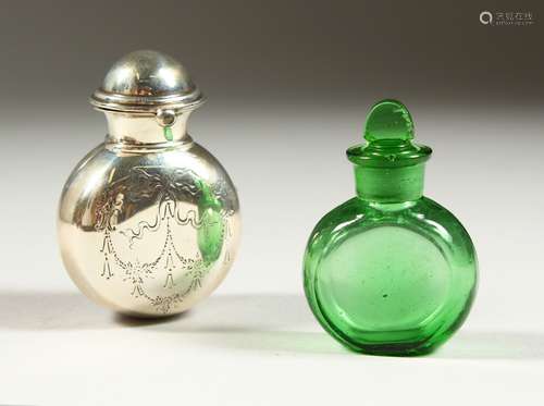 A GOOD VICTORIAN SCENT BOTTLE with folding silver case, engraved with ribbons and garlands.