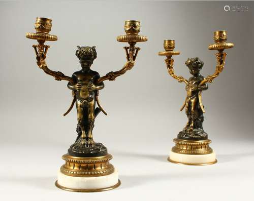 A PAIR OF 19TH CENTURY ORMOLU AND MARBLE TWIN BRANCH CANDELABRA, the naturalistic candle branches