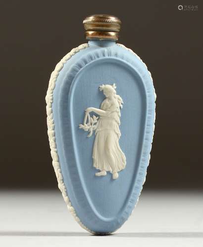 A WEDGWOOD BLUE JASPER WARE TEAR DROP SHAPED SCENT BOTTLEwith silver cap. 8cms long x 4cms wide.