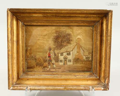 A GEORGIAN GILT FRAMED NEEDLEWORK PICTURE, a farmer before a cottage. 6.5ins x 9ins.