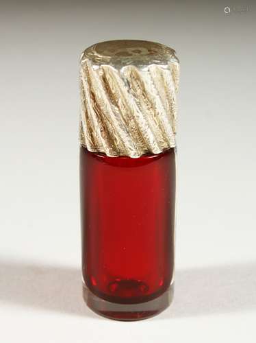 A GOOD VICTORIAN PLAIN RUBY GLASS SCENT BOTTLE with spiral silver top by SAMPSON & MORDAN. London