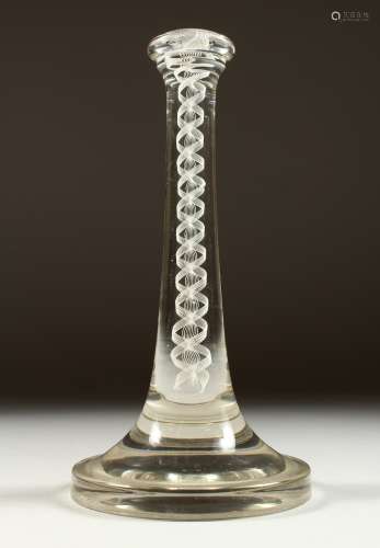 A RARE EARLY 18TH CENTURY GLASS WIG STAND with white opaque glass stem and large circular base.