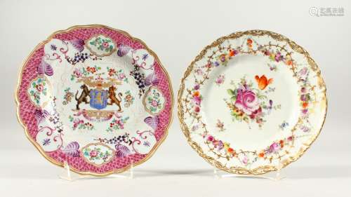 A SAMPSON OF PARIS FAMILLE ROSE ARMORIAL PLATE, 9ins and a DRESDEN FLOWER PLATE, 8.5ins (2).
