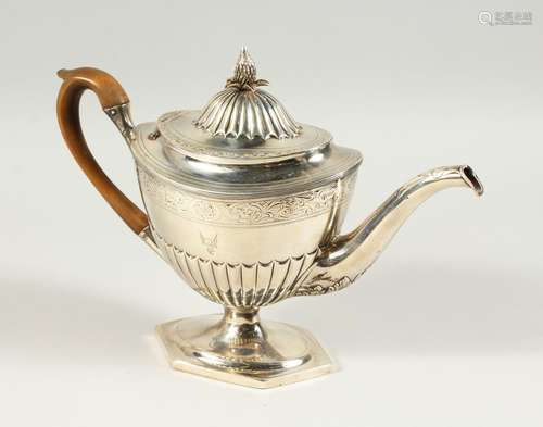 A GEORGE III SCOTTISH SEMI-FLUTED COFFEE POT, with pineapple finial, engraved band on a hexagonal