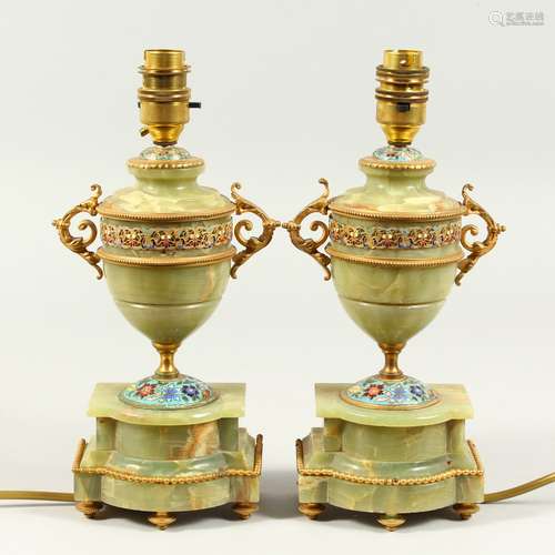 A PAIR OF ALABASTER AND CLOISONNE ENAMEL URN SHAPED TWO HANDLED LAMPS converted to electricity.