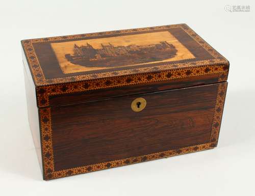 A GOOD 19TH CENTURY TUNBRIDGE WARE TWO DIVISION TEA CADDY, the lid with a castle. 9ins long.