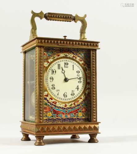 A GOOD FRENCH BRASS CARRIAGE CLOCK, with repeat movement striking on a gong, champleve enamel