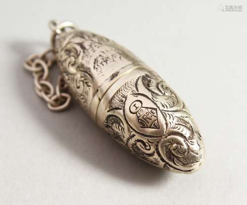 A SMALL VICTORIAN BULLET SHAPED SILVER SCENT BOTTLE with engraved decoration on a chain. 4.5cms