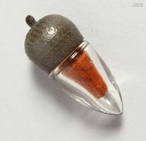 A TINY ACORN SHAPED GLASS AND PLATE SCENT BOTTLE. 3.5cms long.