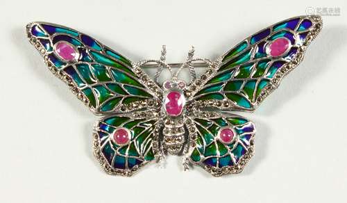 A SILVER RUBY SET PLIQUE ENAMEL BUTTERFLY BROOCH.