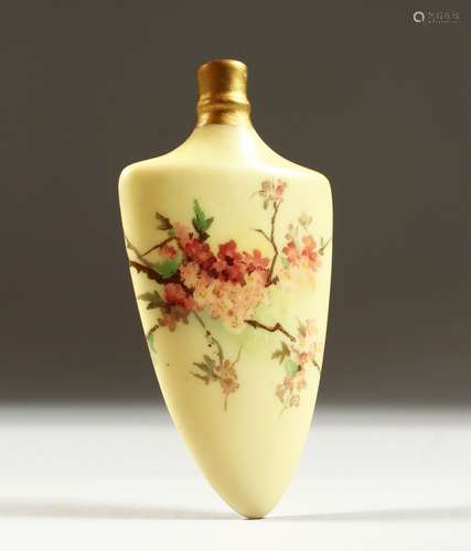 A SMALL ROYAL WORCESTER BLUSH IVORY SCENT BOTTLE, painted with blossom. 9cms long.